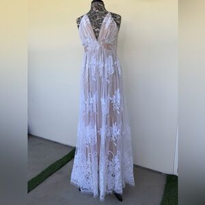 Luxxel White Floral Lace Maxi Dress over Nude Lining